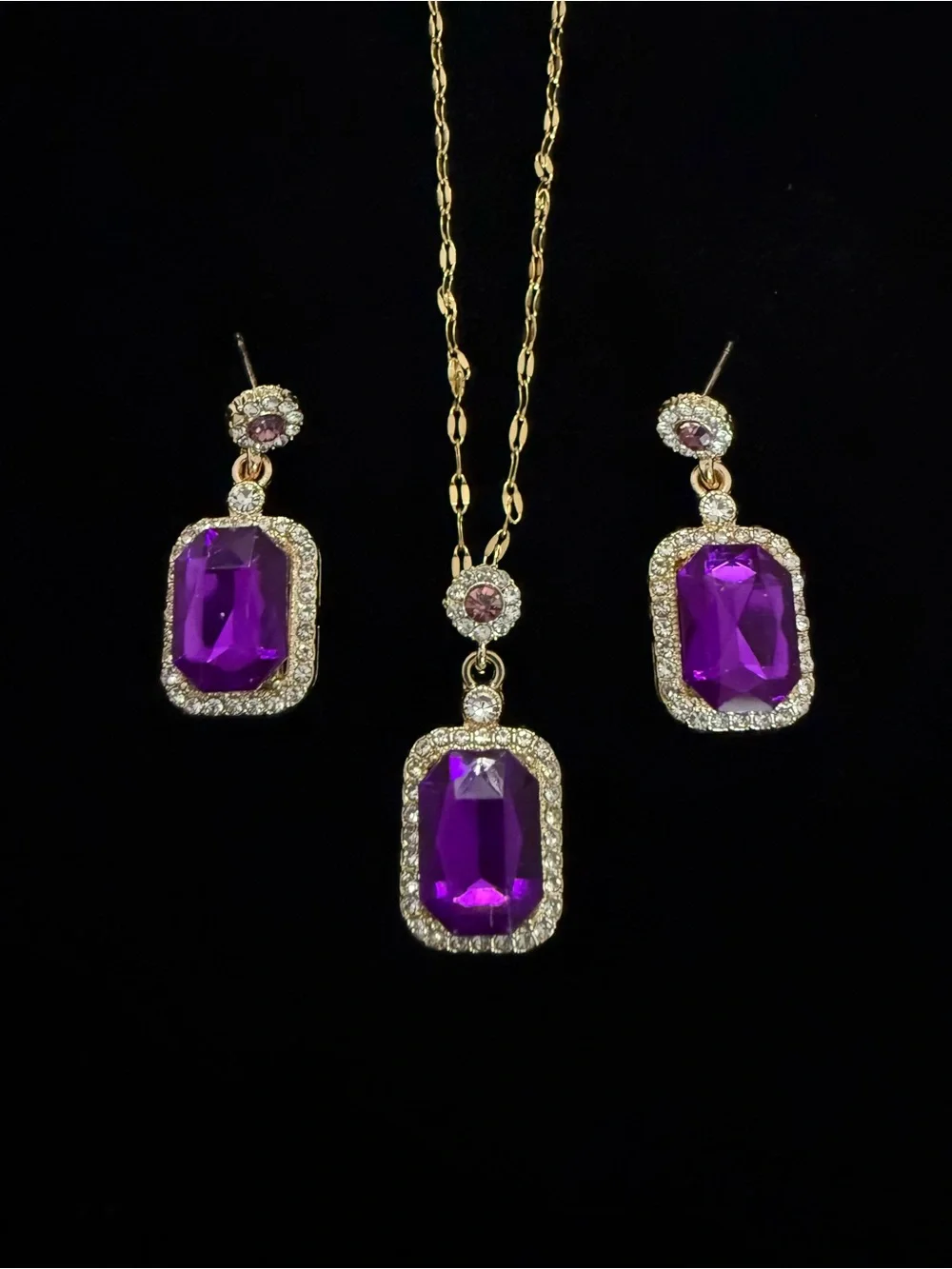 Gold-Tone Necklace & Earrings Set with Purple Gemstones